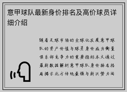 意甲球队最新身价排名及高价球员详细介绍