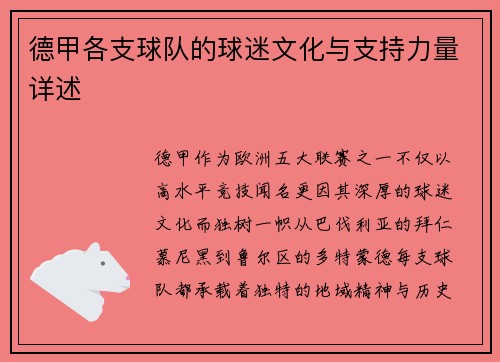 德甲各支球队的球迷文化与支持力量详述